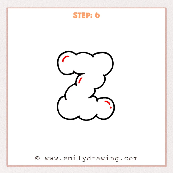how to draw a bubble letter z - Step 6 of how to draw a bubble letter z, adding small curved highlight marks and a tiny dot to make the bubbles look shiny.